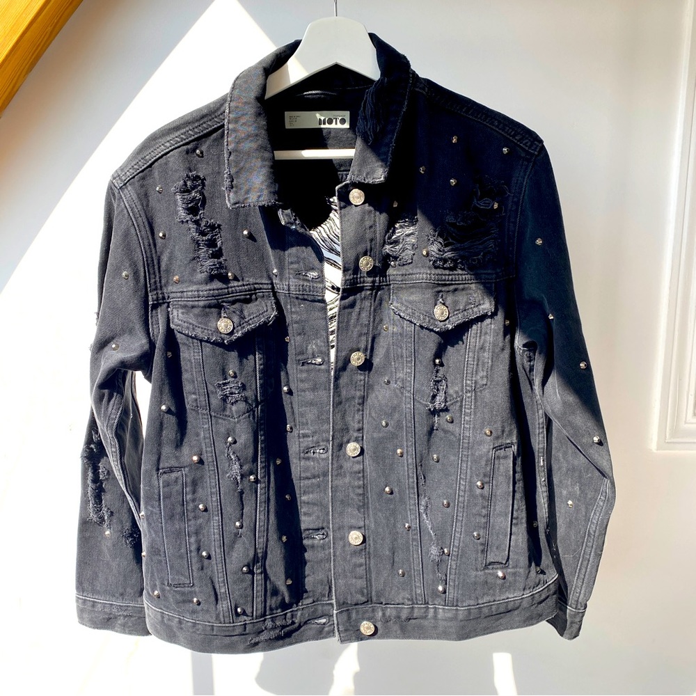 Topshop Distressed Gray Denim Jacket with silver studs long sleeve small medium